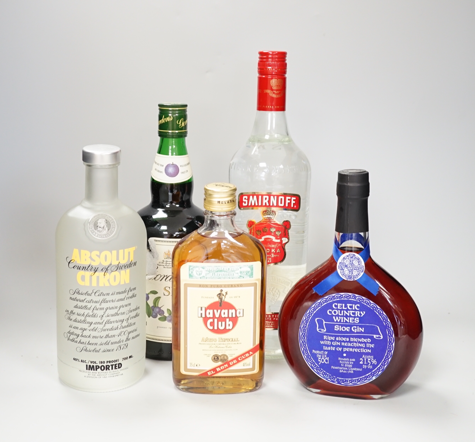 Nine various bottles of spirits: two litre bottles of Captain Morgan’s dark rum, 1 litre of Gordons gin, 1 litre of Smirnoff vodka, a 70cl of Gordons slow gin, a 70cl of Havana Club white rum, a 70cl of Absolut Citron vo